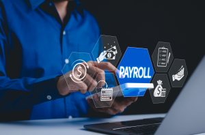 Payroll Management and Financial Processing Concept. A person interacts with payroll interface, featuring icons for salary distribution, financial tracking, scheduling, and efficient payroll.